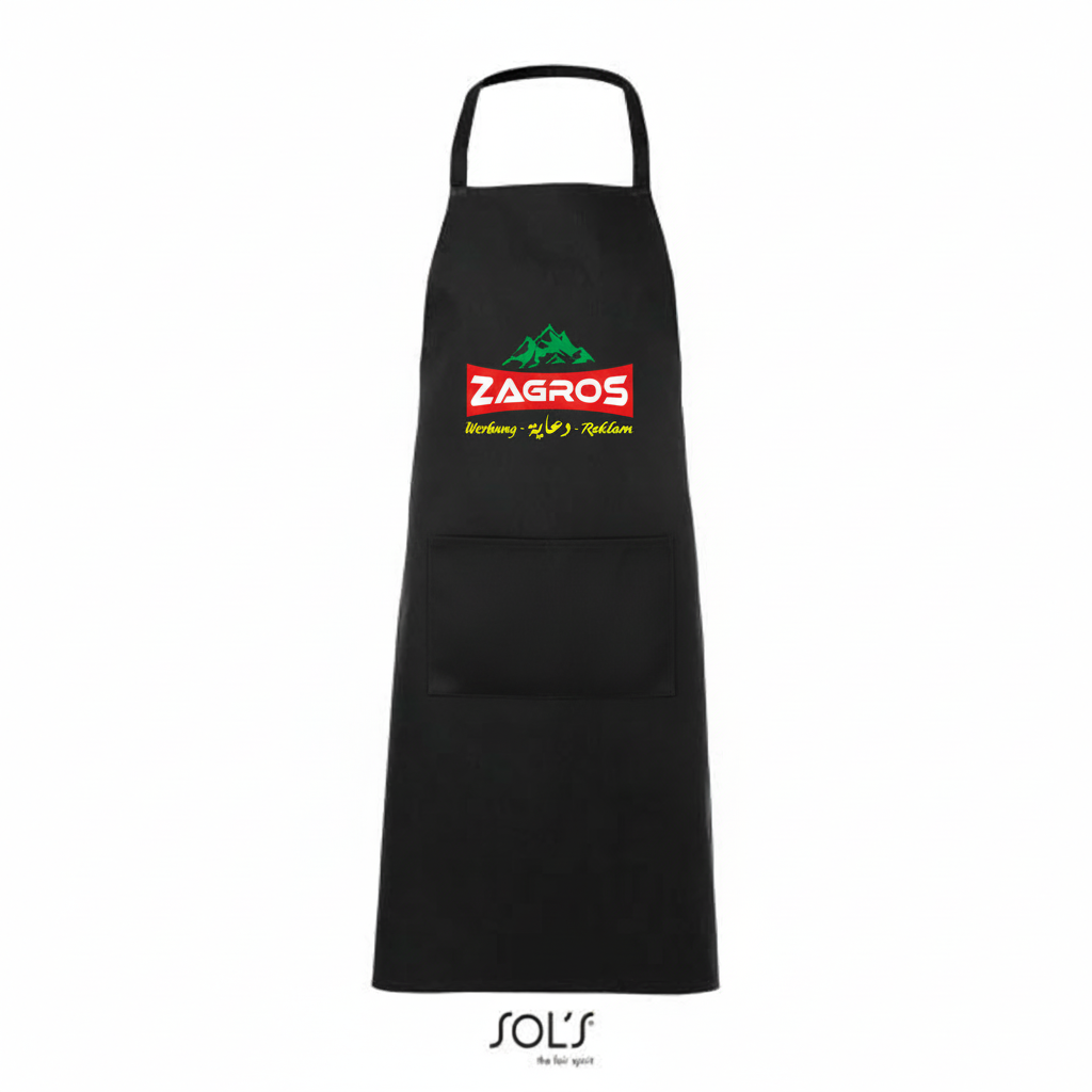 مريول مطبخ قطني طويل (sol's glasgow) مع طباعة الشعار أسود مريول مطبخ قطني طويل (sol's glasgow) مع طباعة الشعار أسود